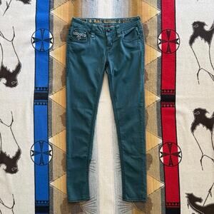 Rock Revival Jeans Womens 28 Green Denim Karla Skinny Silver Embroidered 90s Y2K